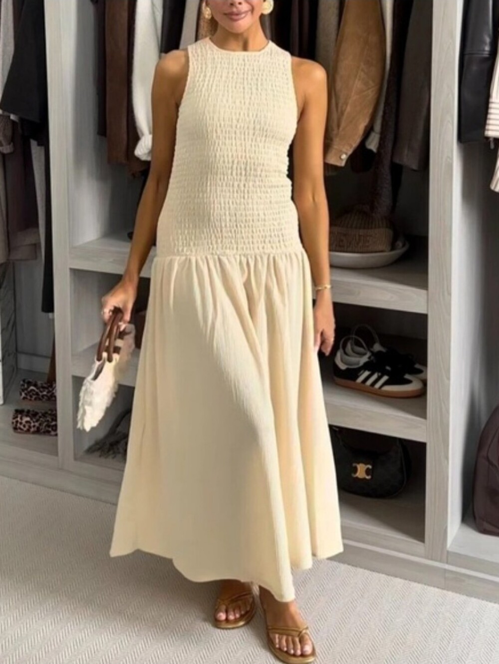 H&M SMOCKED JERSEY MAXI DRESS Yellow Size S - Picture 8 of 16